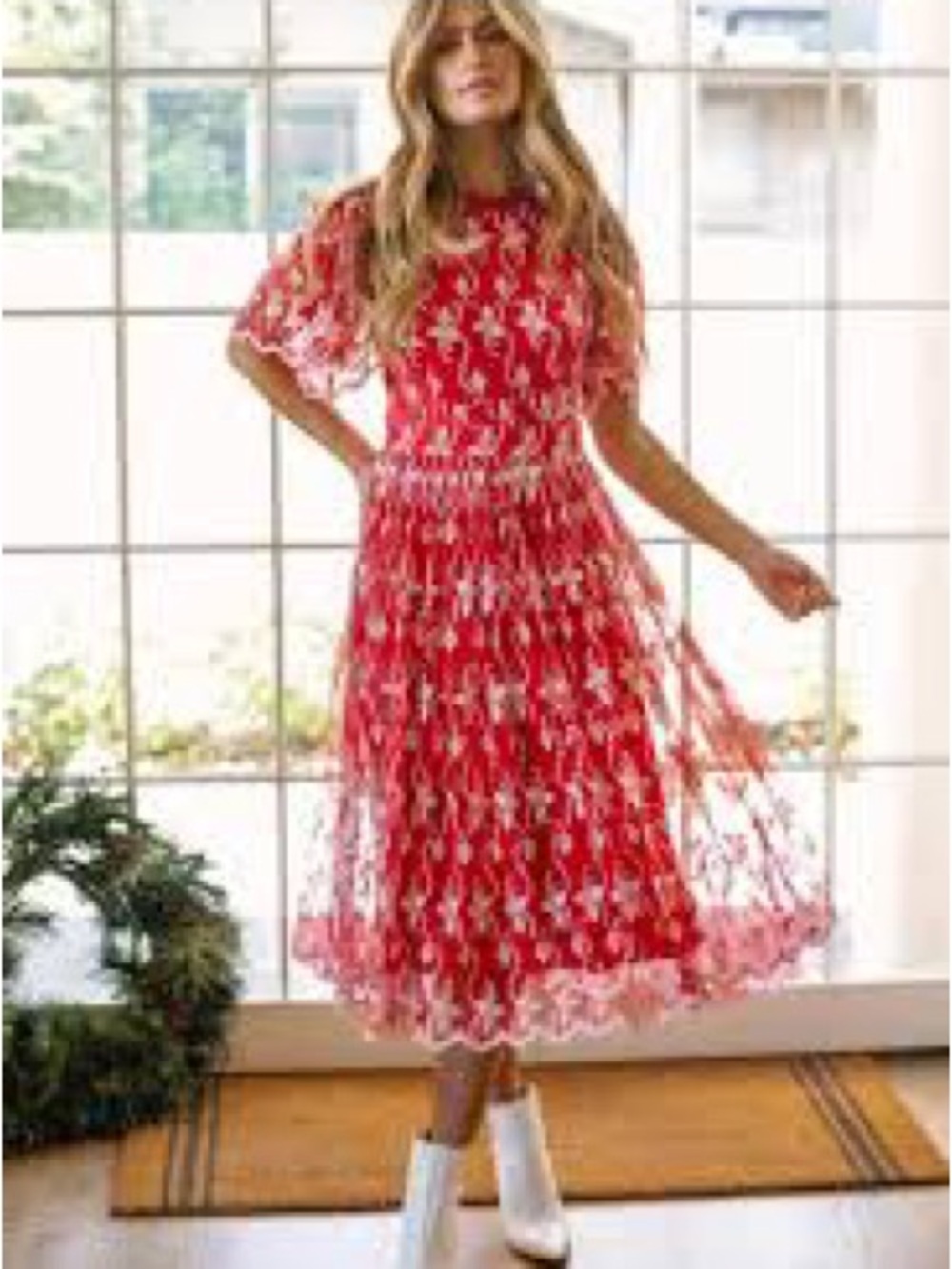 Ivy City Co Red Floral Lace Midi Dress